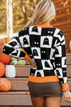 Black High Neck Drop Shoulder Geometric Print Sweater