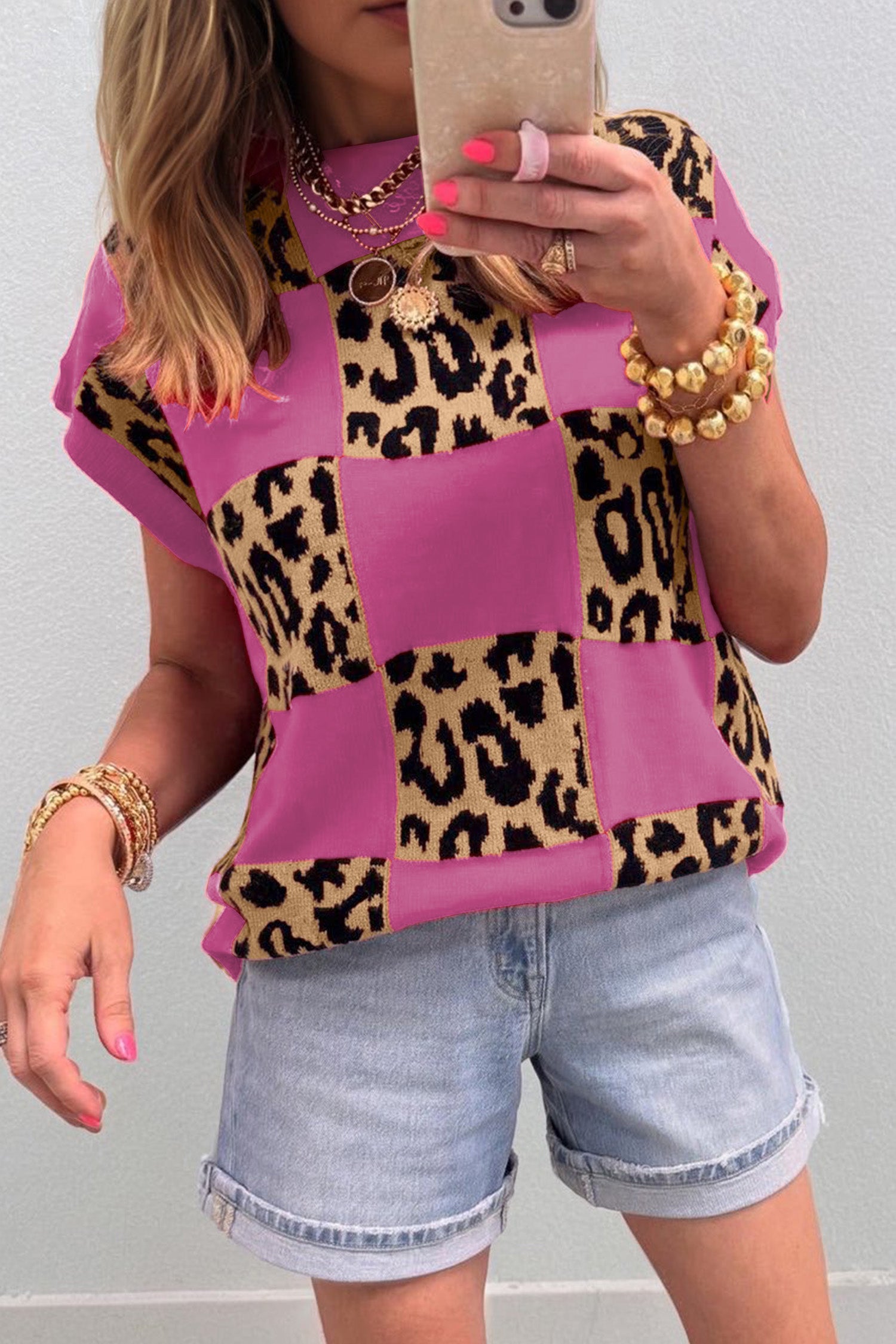 Black Leopard Checkerboard Short Sleeve Knit Sweater