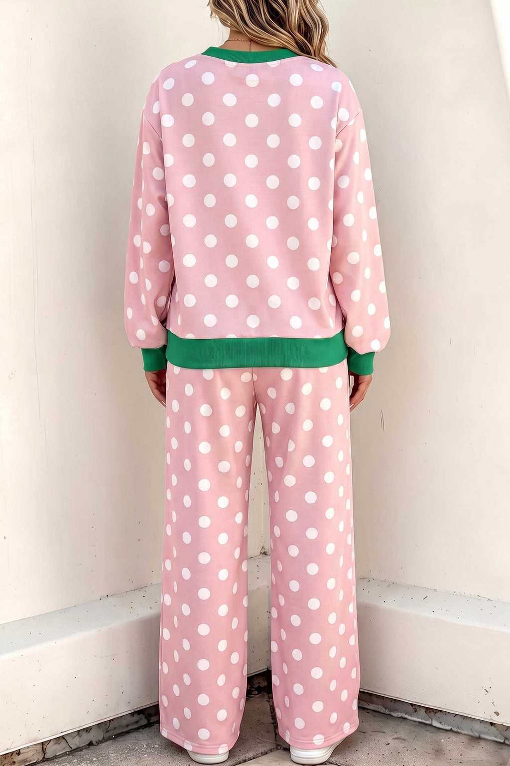 Pink polka dot long sleeve top and drawstring shift pants set by Dear-Lover, casual two-piece outfit with contrast trim.