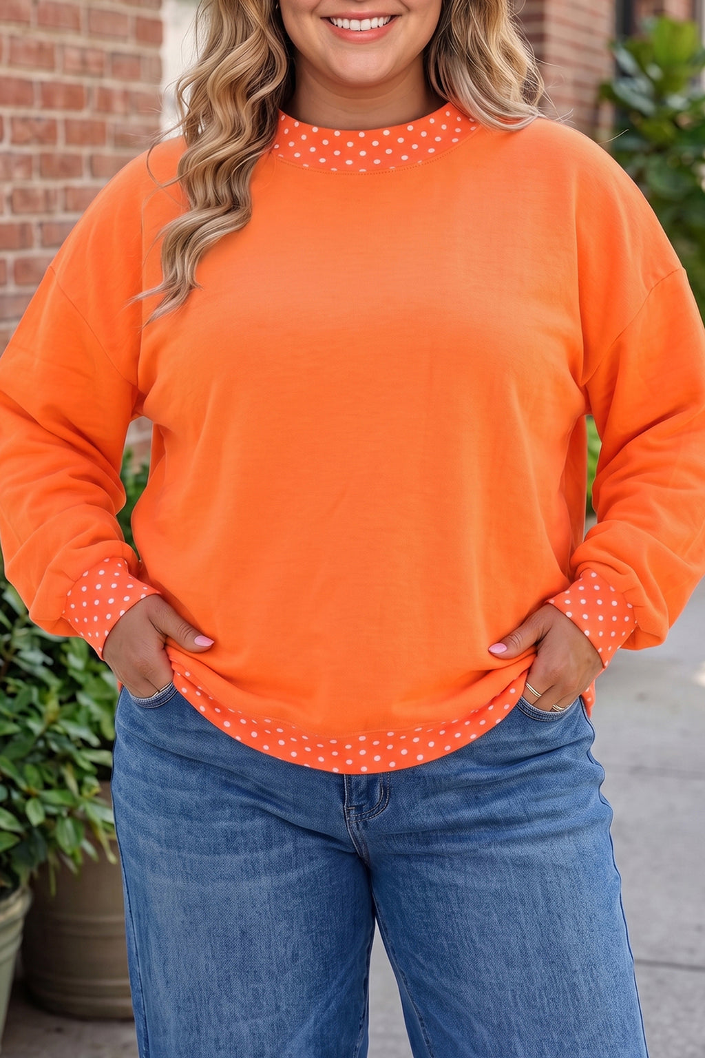 Polka Dot Patchwork Round Neck Plus Size Sweatshirt