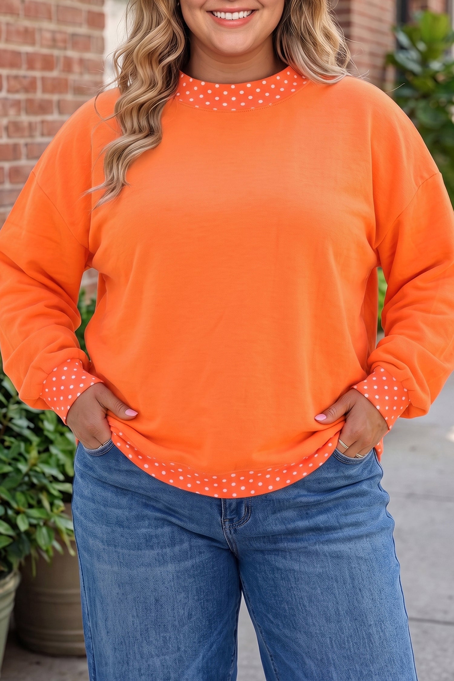Polka Dot Patchwork Round Neck Plus Size Sweatshirt