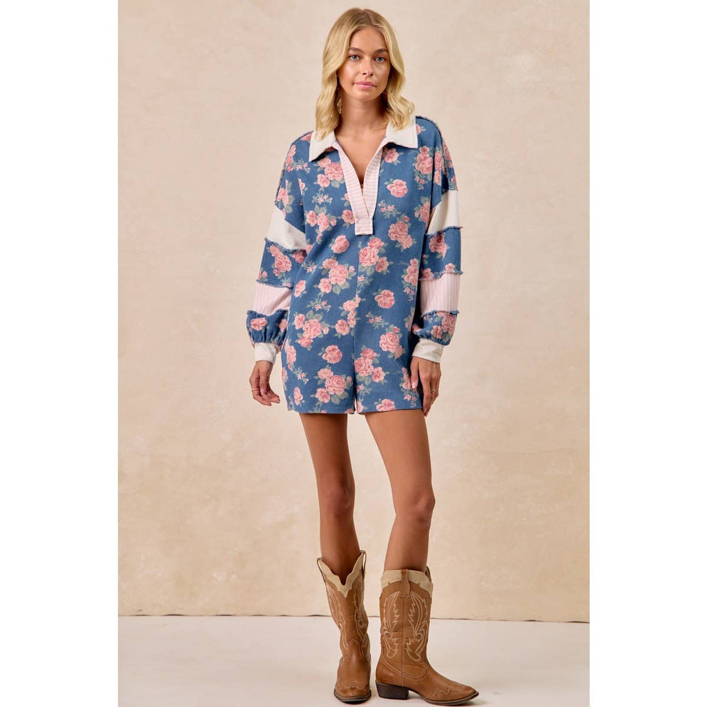 WASHED FLORAL DENIM ROMPER WITH CONTRAST COLLAR