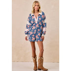WASHED FLORAL DENIM ROMPER WITH CONTRAST COLLAR