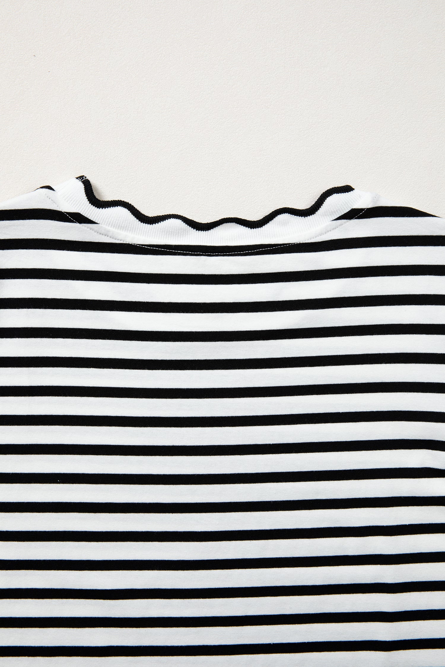 Black Stripe Scalloped Trim Round Neck T Shirt