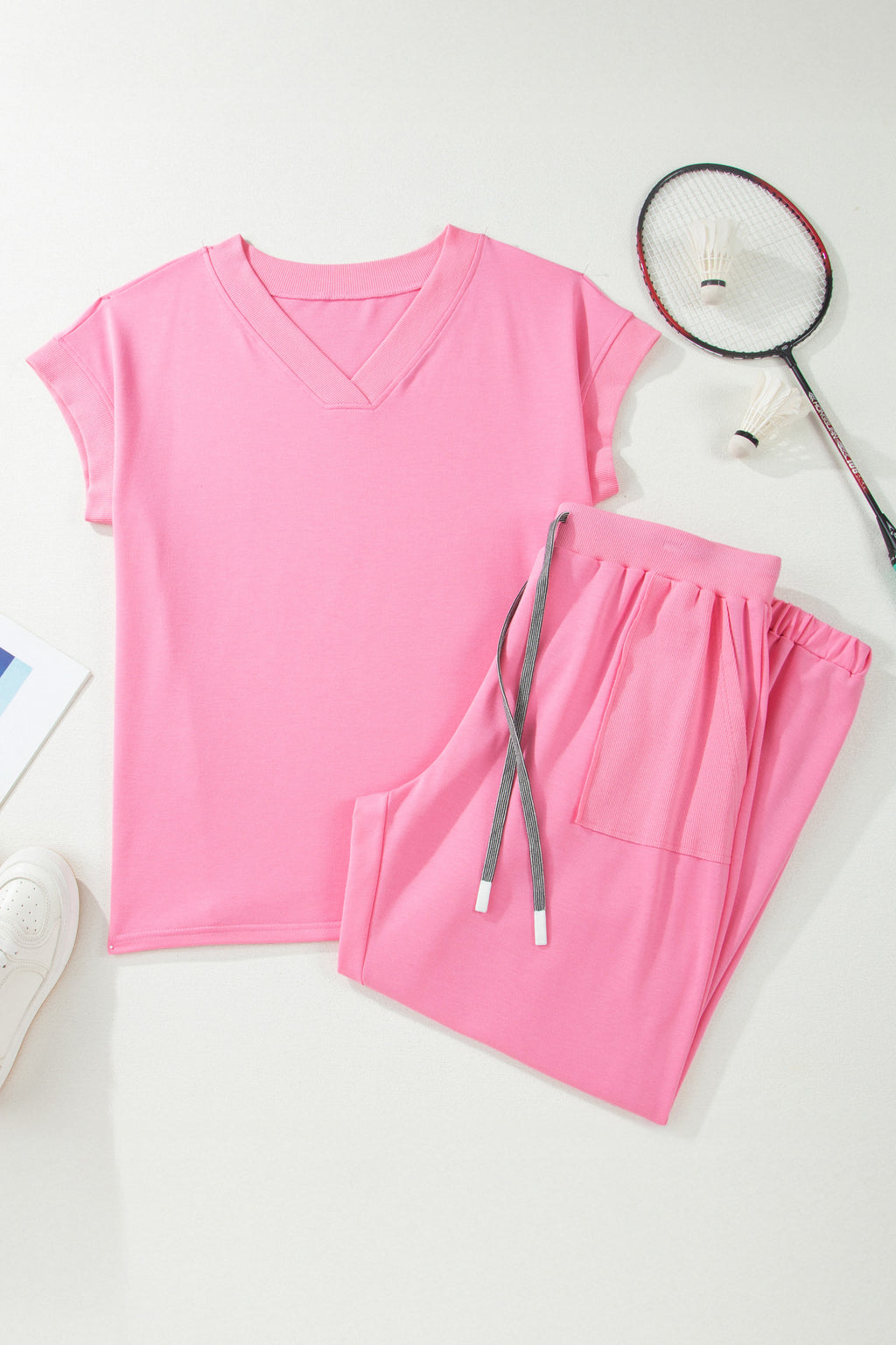 Bonbon Solid V-Neck Tee and Drawstring Plus Size Pants Set