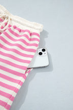 Pink Striped Long Sleeve Crew Neck Drawstring Waist Shorts Set