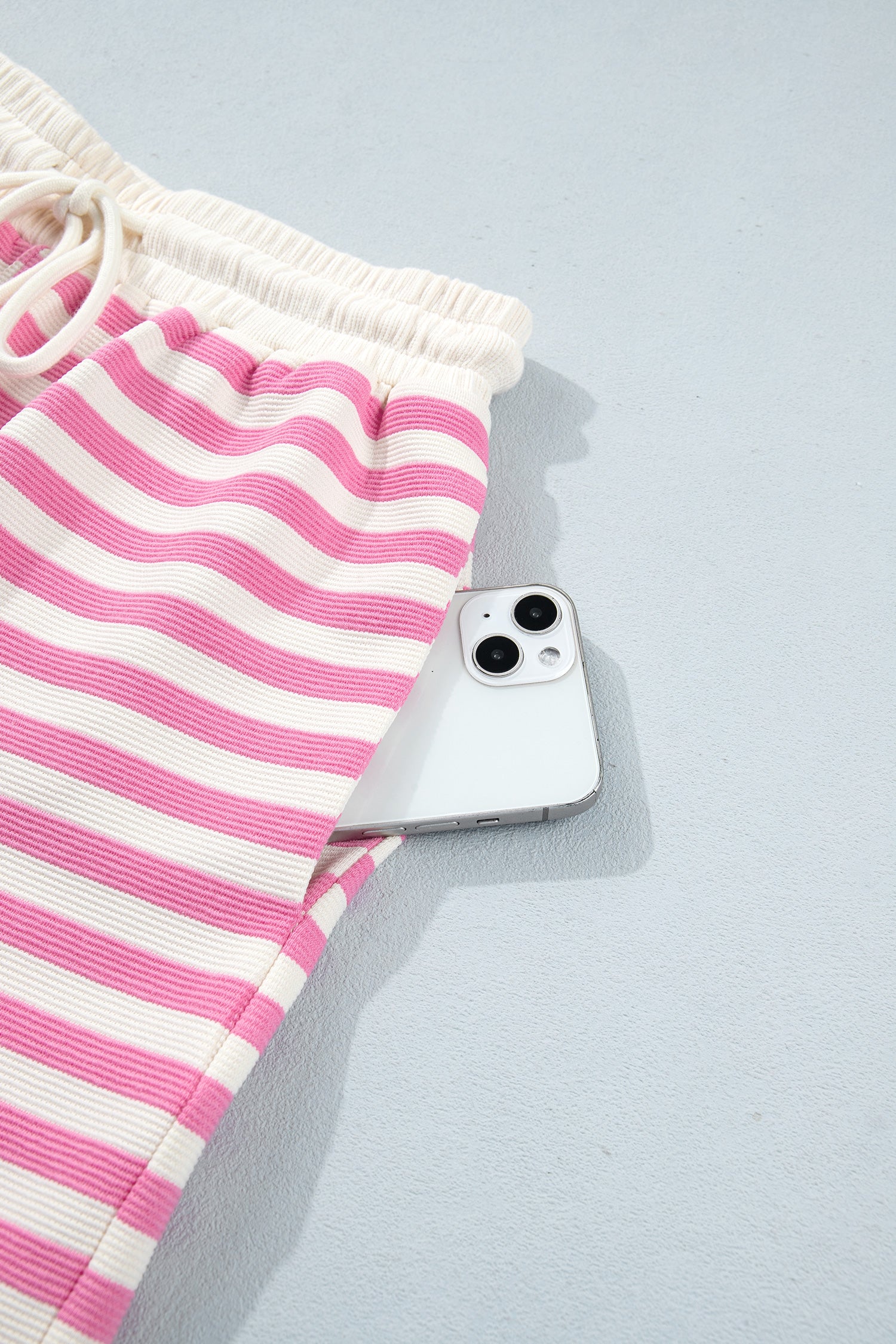 Pink Striped Long Sleeve Crew Neck Drawstring Waist Shorts Set