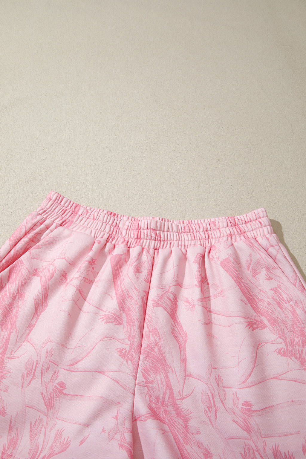 Pink Abstract Print Ribbed Crewneck Long Sleeve Top Elastic Waist Short Set