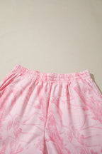 Pink Abstract Print Ribbed Crewneck Long Sleeve Top Elastic Waist Short Set
