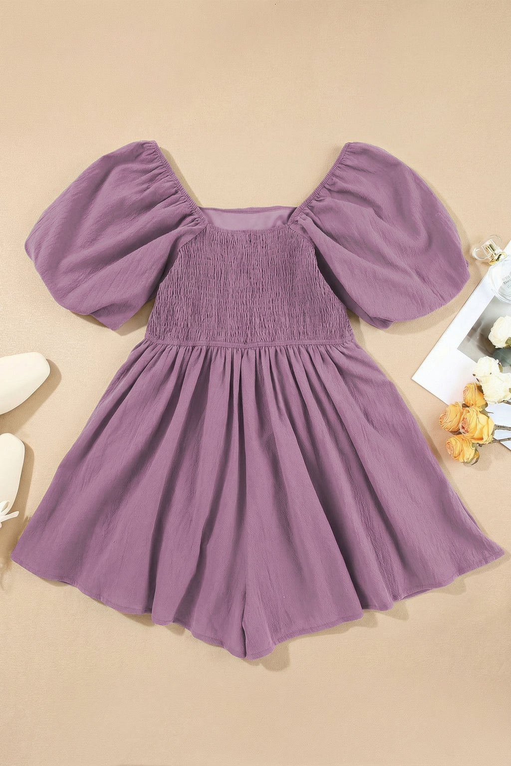 Valerian Square Neck Ruched Puff Sleeve Romper