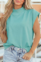 Black Solid Color High Neck Cap Sleeve Loose Top