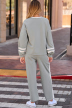 Varsity Stripe Patchwork Puff Sleeve Pullover Drawstring Wide Leg Pant Set