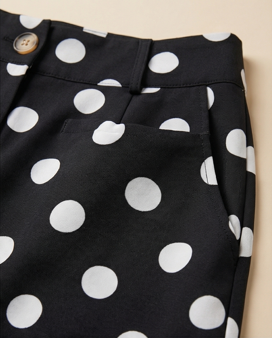 Black Polka Dot Print Patched Pocket Mid-rise Straight Leg Pants