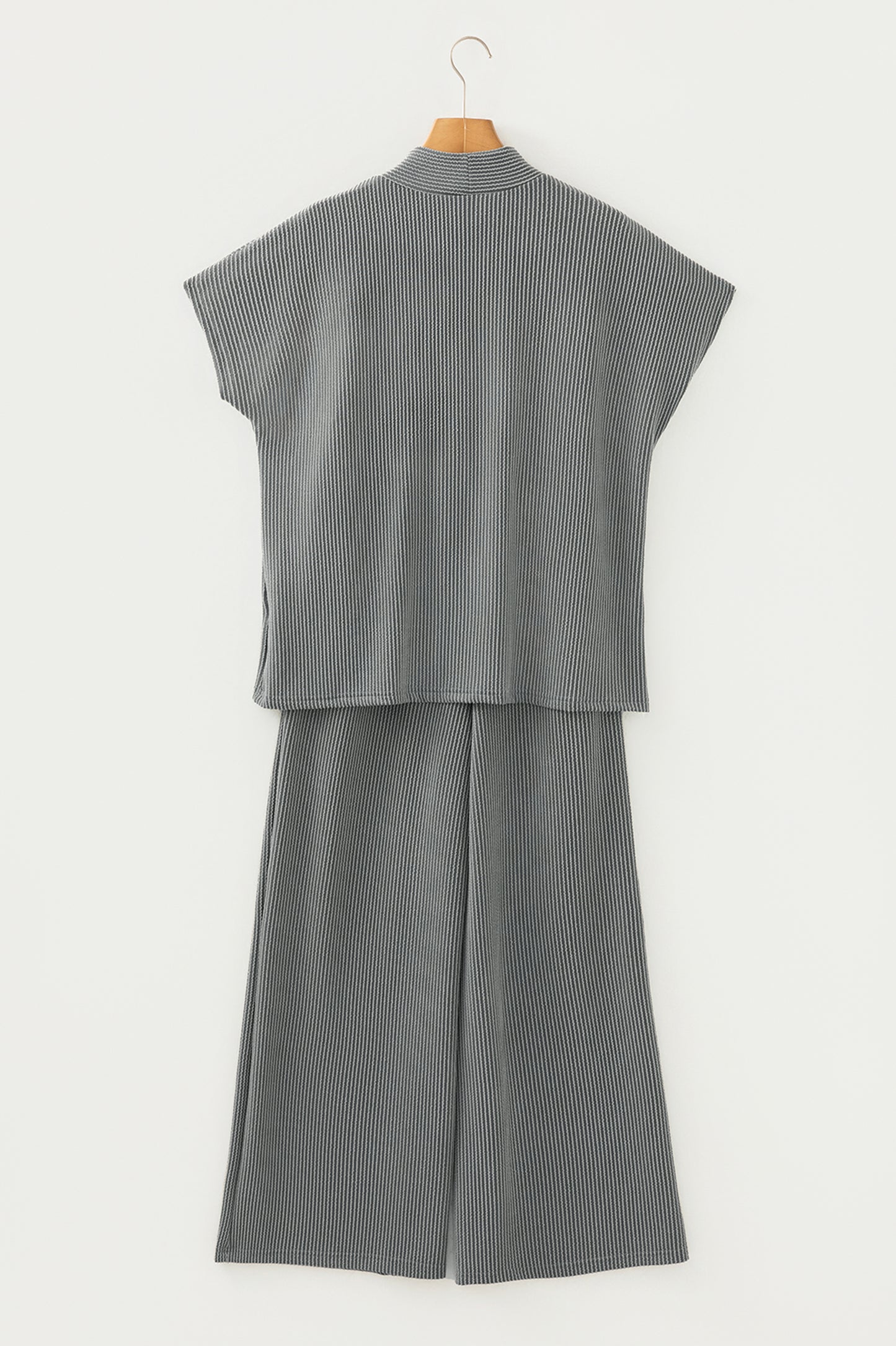 Burgundy Twisted Ribbed High Neck Loose Tee Elastic High Waist Loose Pant Set