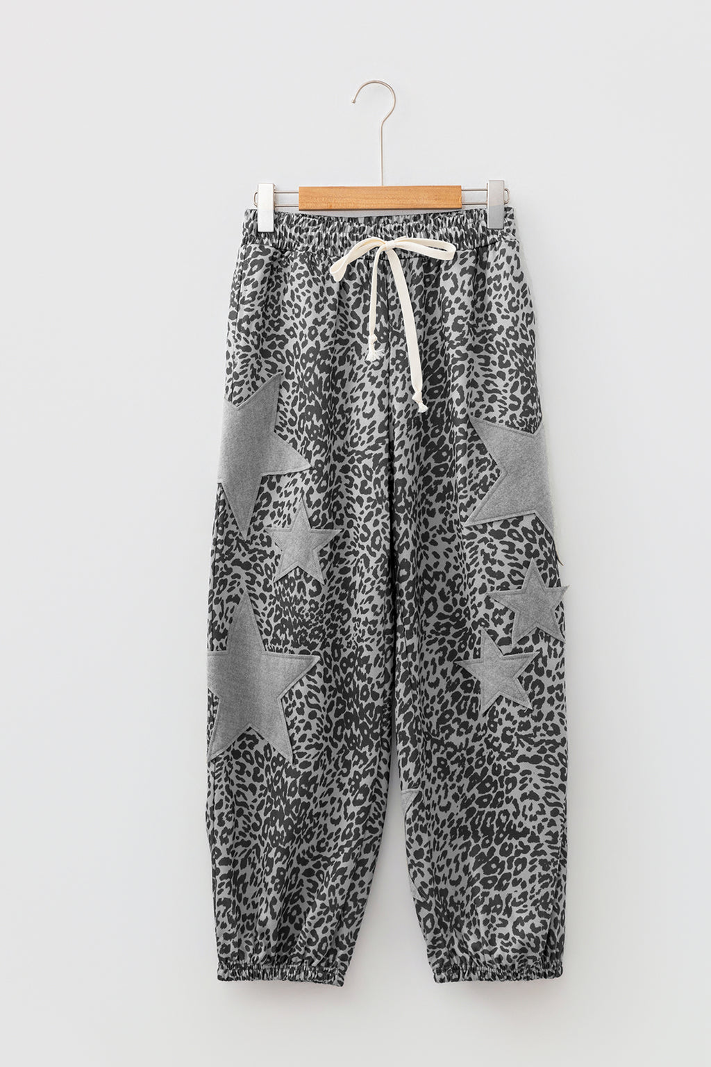 Gray Leopard Print Star Patched Drawstring Elastic Waist Jogger Pants