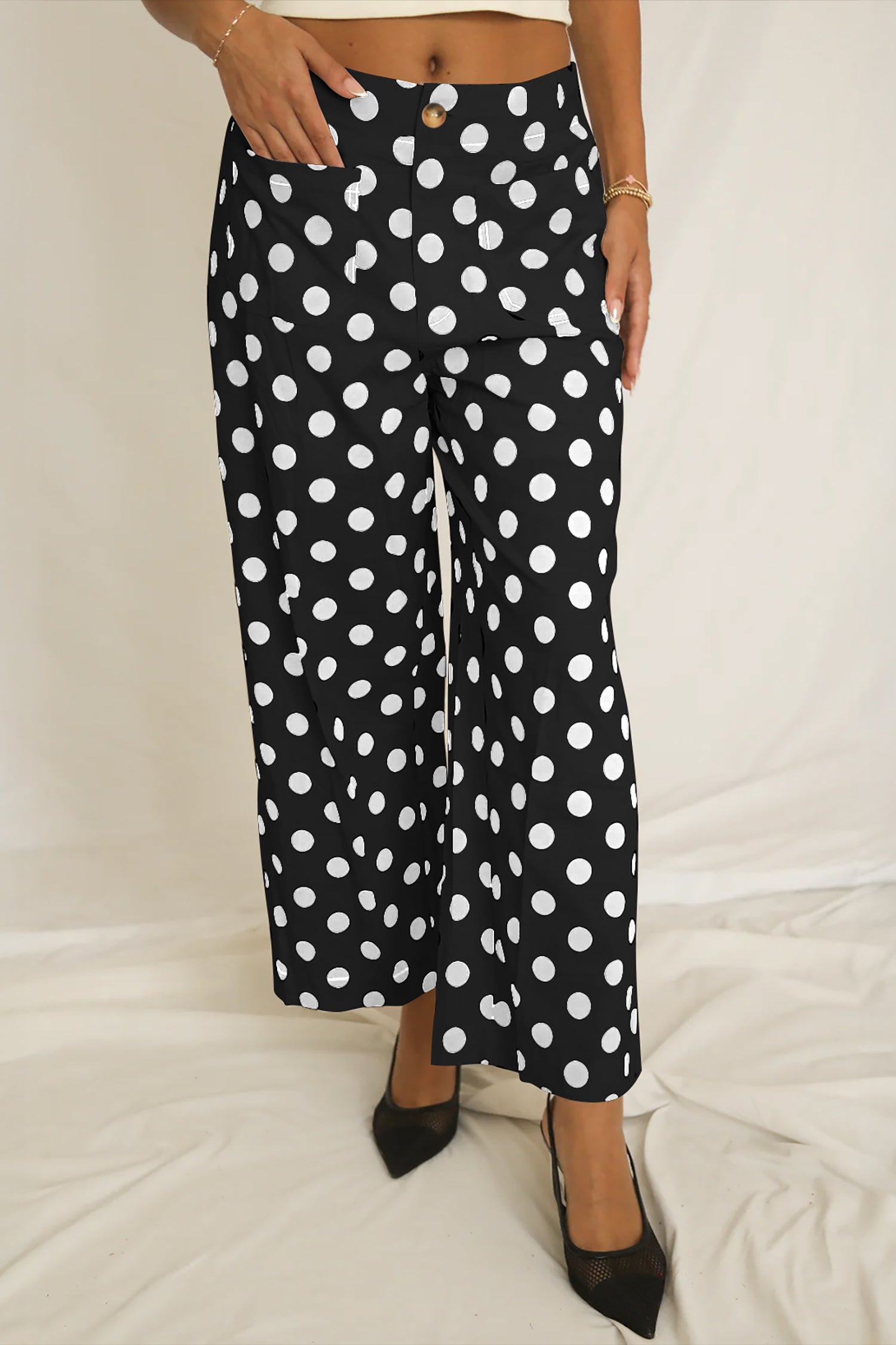 Black Polka Dot Print Patched Pocket Mid-rise Straight Leg Pants