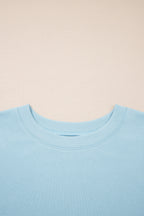 Mist Blue Solid Color Ribbed Trim Short Sleeve Top Drawstring Loose Pants 2pcs Outfit