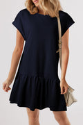 Navy Blue Solid Color Cap Sleeve Ruffle Hem Casual Short Dress