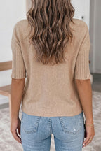 Beige Ribbed Trim High Neck Short Sleeve Casual Sweater