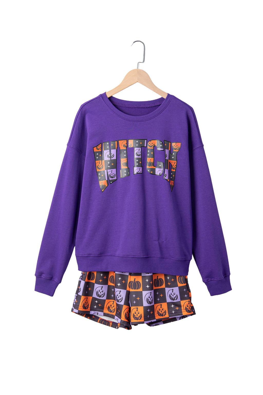 Orange Witch Letter Print Long Sleeve Top Checkered Elastic Waist Shorts Set