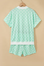 Yellow Polka Dot Print Color Block Trim Mock Neck Short Set