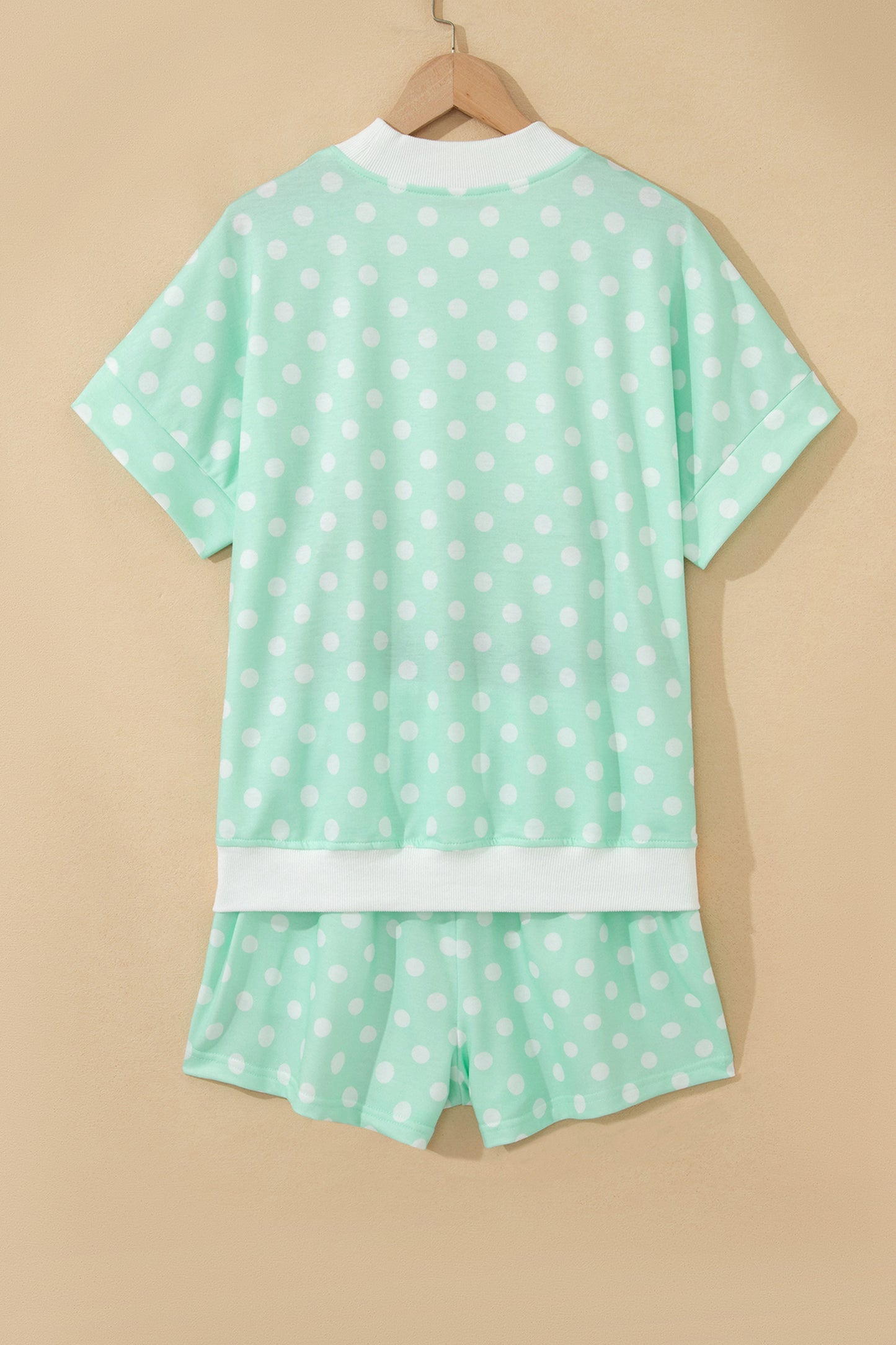 Yellow Polka Dot Print Color Block Trim Mock Neck Short Set