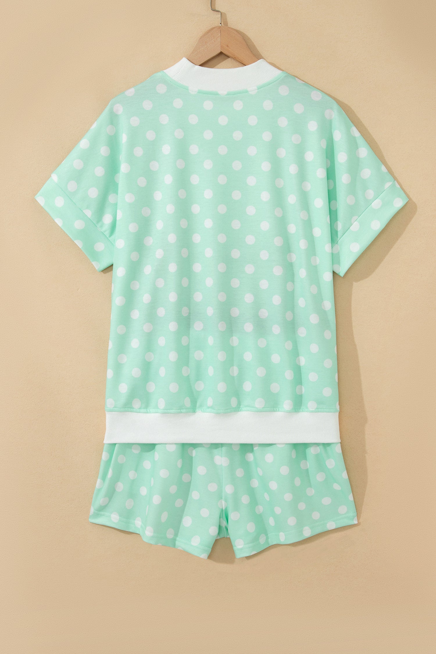 Yellow Polka Dot Print Color Block Trim Mock Neck Short Set