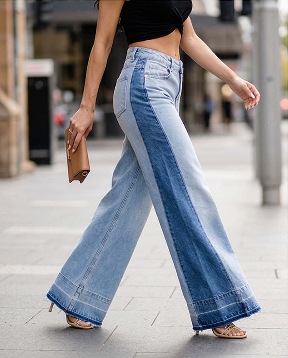 Two Tone Denim Wide Leg Pants