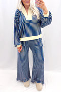 Blue stripe color block patchwork zip V-neck pullover and loose pants set by Dear-Lover, stylish two-piece women's clothing.