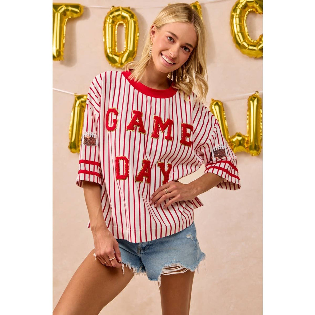 GAMEDAY THEME STRIPE KNIT TOP WITH SLEEVE PATCHED