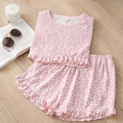 Pink leopard print crew neck tee and ruffled shorts lounge set -ETA May