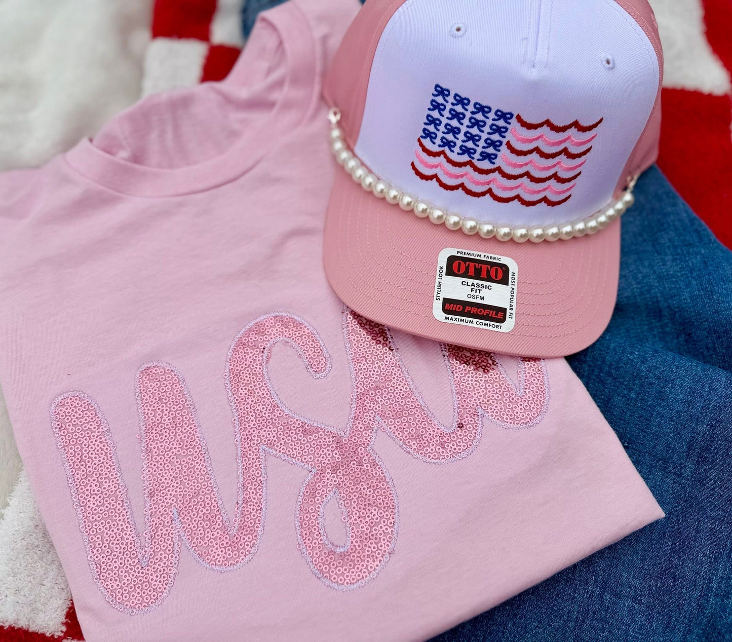 USA Bow Flag Hat with Pearl Chain