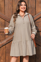 Khaki Stripe Zip up Collared Puff Sleeve Ruffled Plus Size Mini Dress