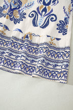 Blue Boho Western Floral Printed Split Neck Ruffled Sleeve Mini Dress