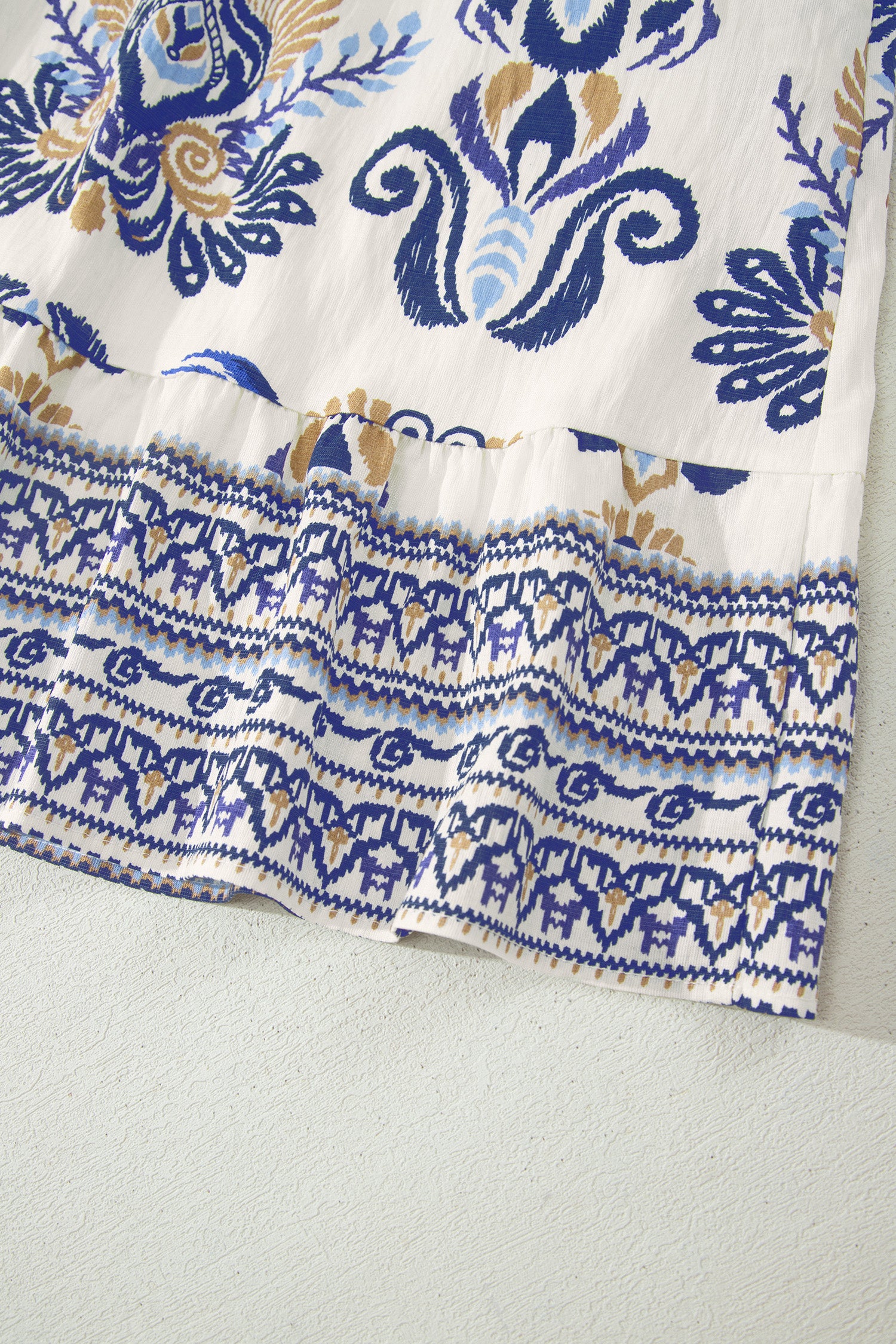 Blue Boho Western Floral Printed Split Neck Ruffled Sleeve Mini Dress