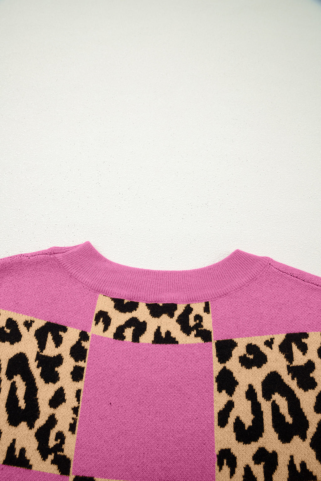 Black Leopard Checkerboard Short Sleeve Knit Sweater