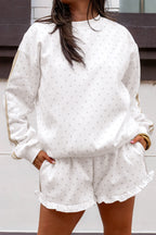 White Polka Dot Print Side Stripe Detail Casual Sweatshirt 2pcs Short Set