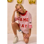 GAMEDAY THEME STRIPE KNIT TOP WITH SLEEVE PATCHED