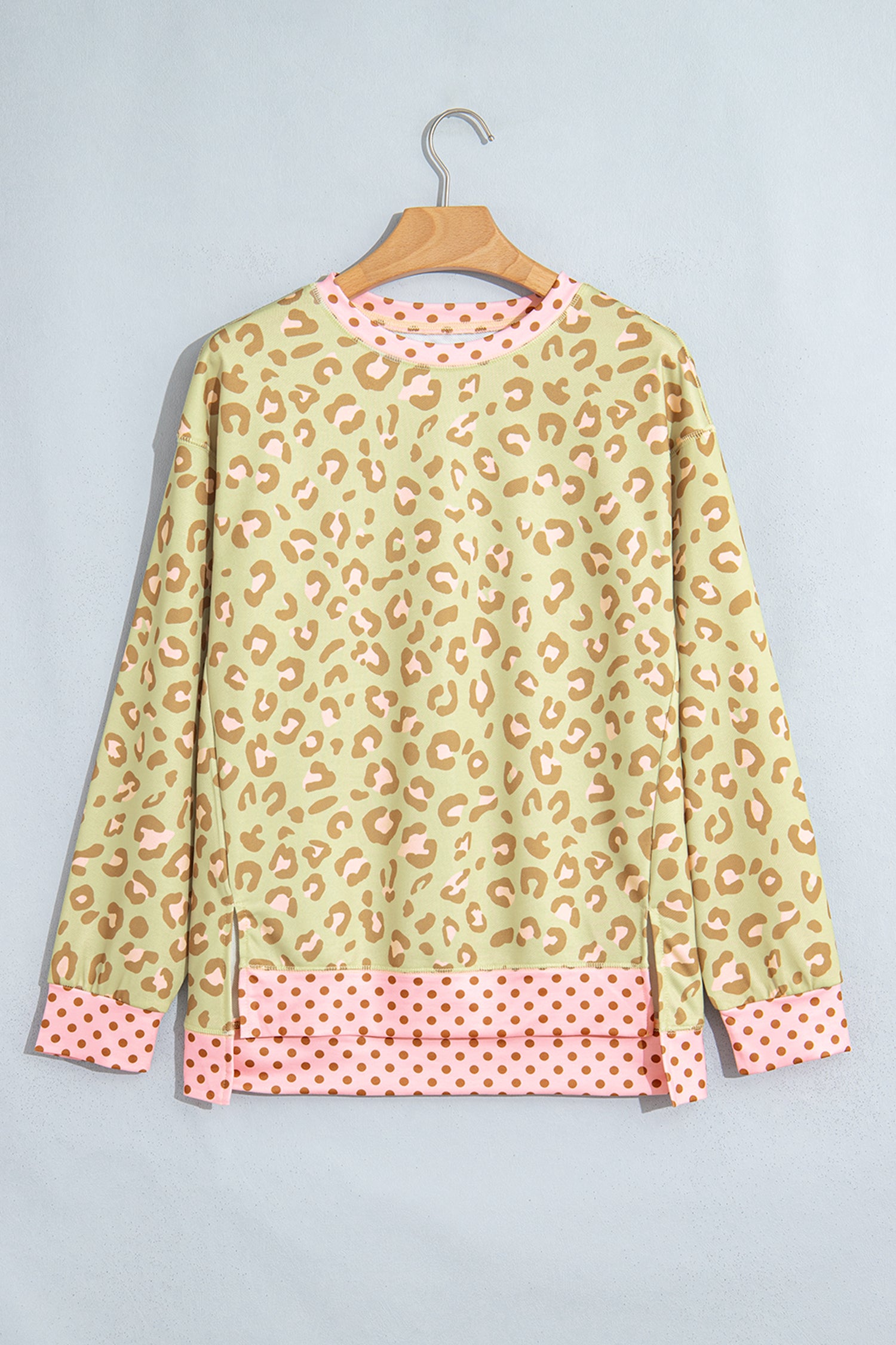 Pink Leopard Polka Dot Colorblock Trim Long Sleeve Top