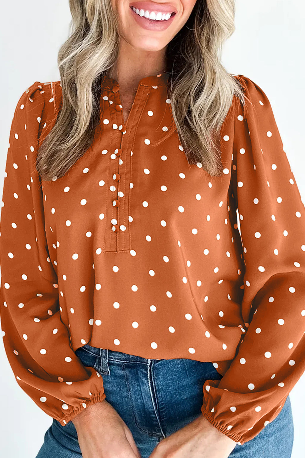 Brown Polka Dot Half Button V Neck Long Sleeve Blouse