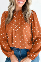 Brown Polka Dot Half Button V Neck Long Sleeve Blouse