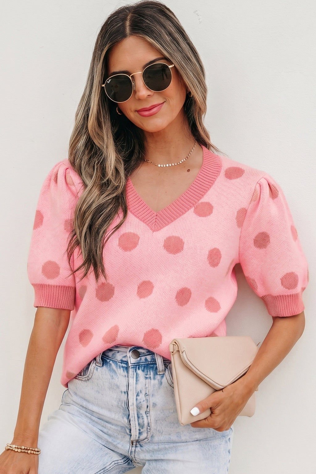 Rose Red Polka Dot Puff Short Sleeve Sweater Top