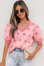 Rose Red Polka Dot Puff Short Sleeve Sweater Top