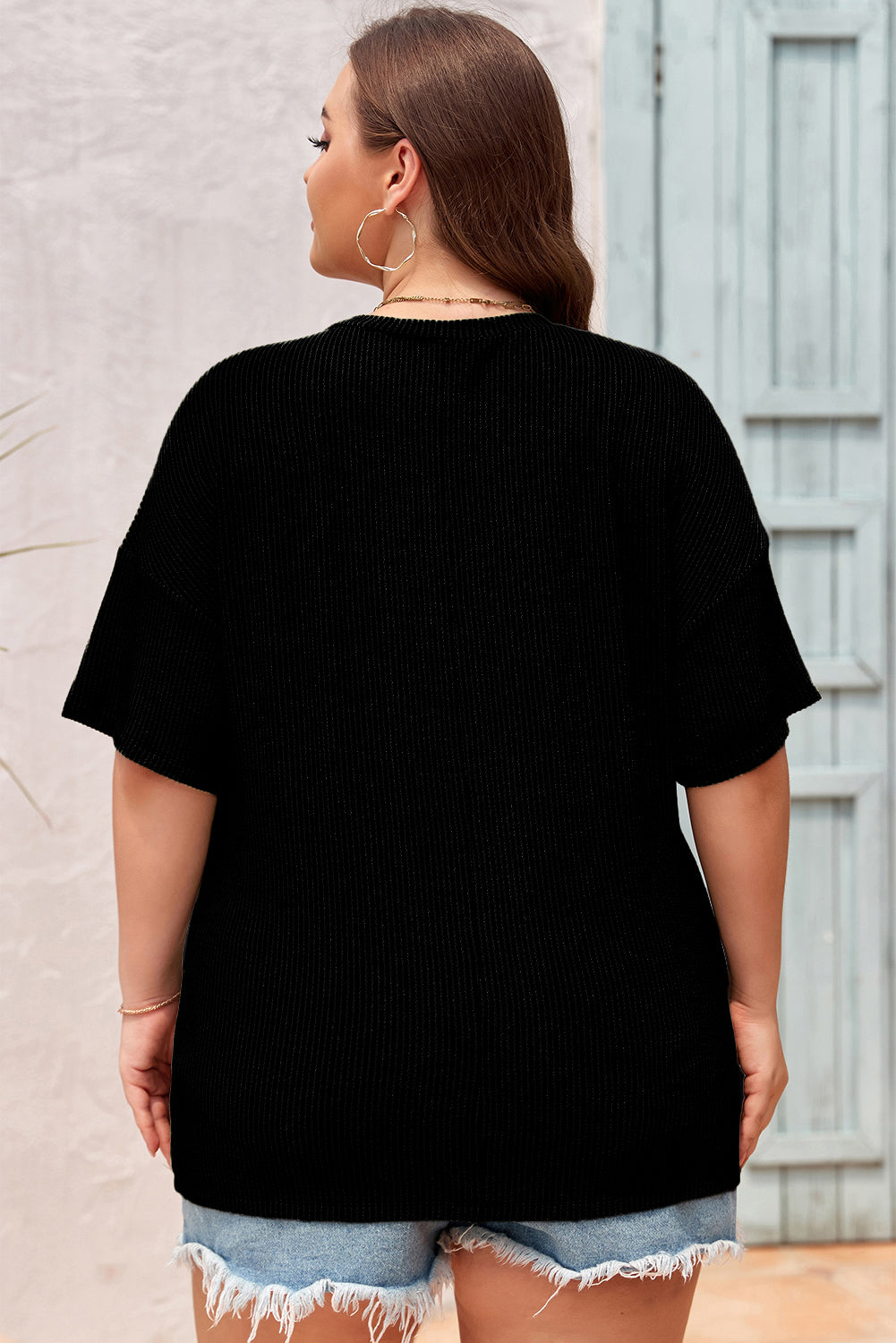 White Textured V-Neck Dropped Shoulder Plus T-Shirt