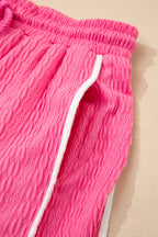 Bright Pink Textured Color Block Trim Loose Tee Drawstring Shorts 2pcs Set