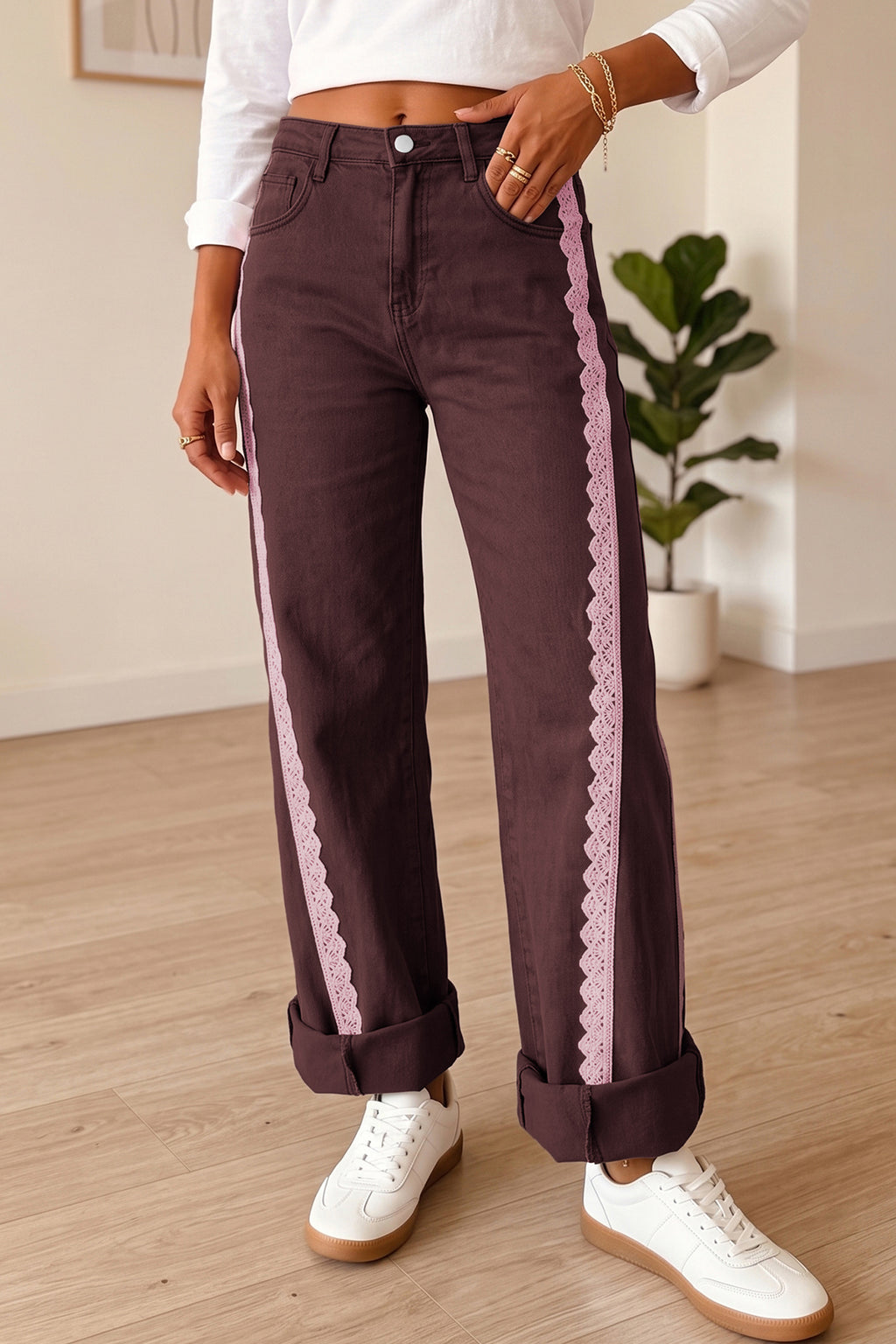 Coffee Lace Trim Casual Full-Length Regular Fit Jeans