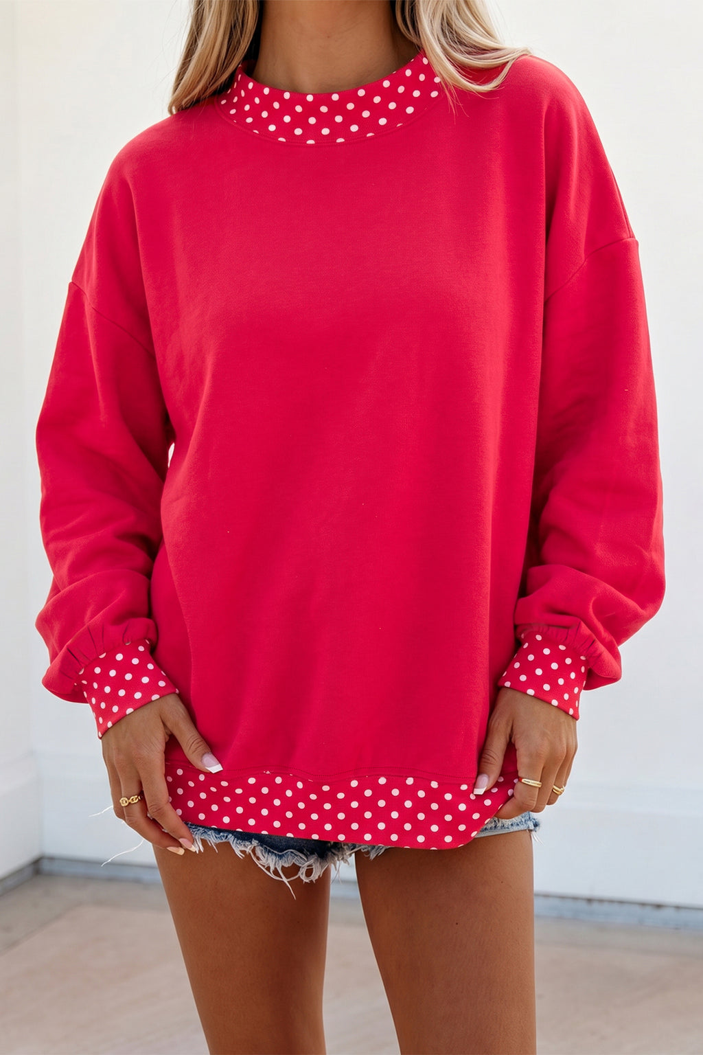 Colorblock Polka Dot Contrast Trim Oversized Sweatshirt