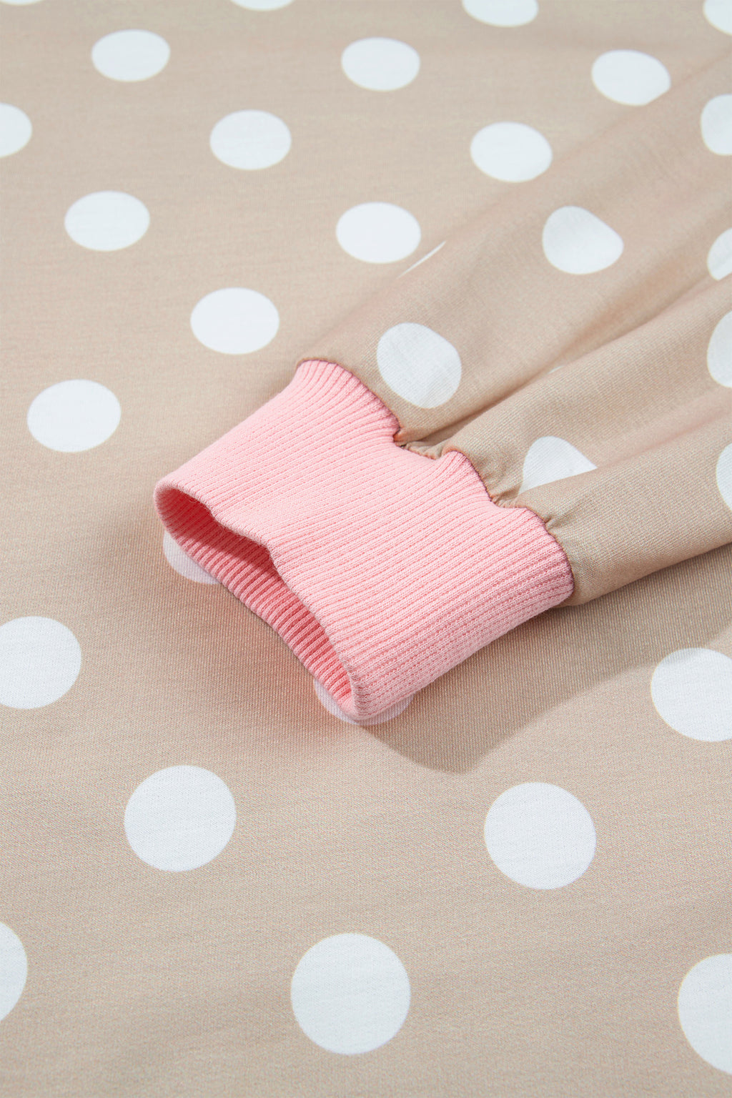 Khaki Polka Dot Contrast Trim Long Sleeve Top Drawstring Shift Pants Set