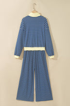Blue stripe color block patchwork zip V-neck pullover and loose pants two-piece set by Dear-Lover, casual and stylish.