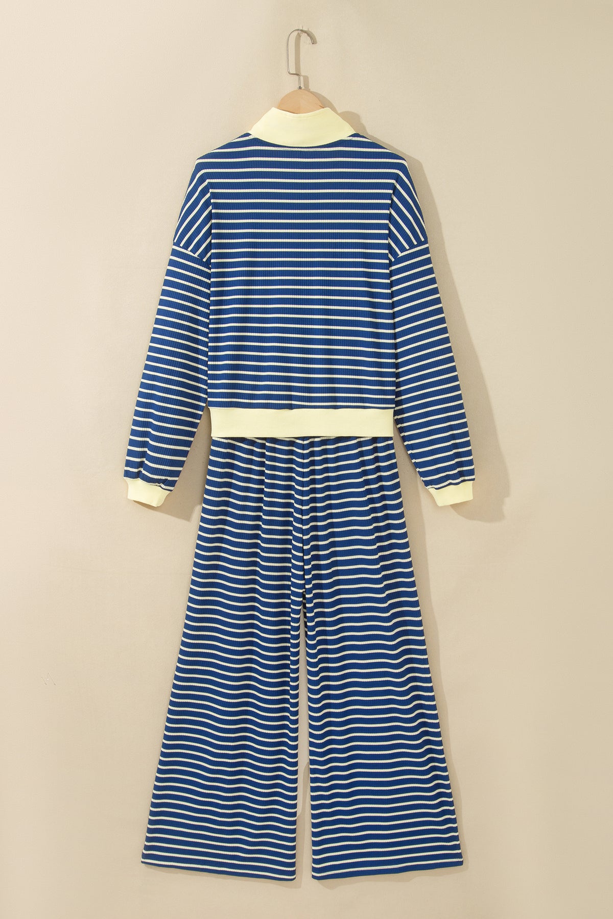 Blue stripe color block patchwork zip V-neck pullover and loose pants two-piece set by Dear-Lover, casual and stylish.